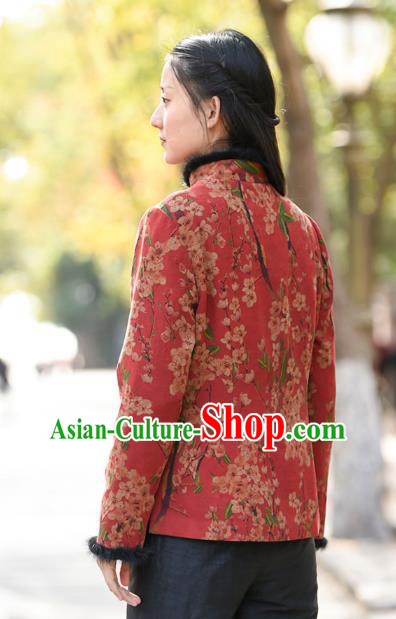 China National Woman Outer Garment Clothing Tang Suit Red Overcoat Traditional Cotton Wadded Jacket