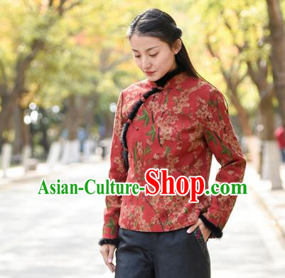 China National Woman Outer Garment Clothing Tang Suit Red Overcoat Traditional Cotton Wadded Jacket