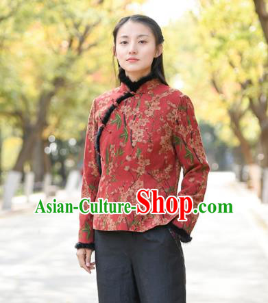China National Woman Outer Garment Clothing Tang Suit Red Overcoat Traditional Cotton Wadded Jacket