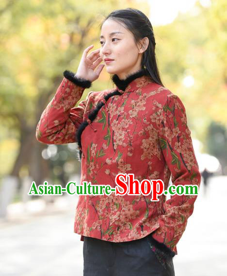 China National Woman Outer Garment Clothing Tang Suit Red Overcoat Traditional Cotton Wadded Jacket