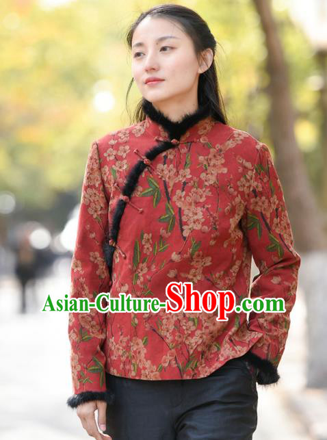 China National Woman Outer Garment Clothing Tang Suit Red Overcoat Traditional Cotton Wadded Jacket