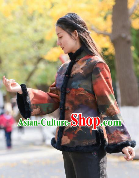 China Tang Suit Printing Overcoat Traditional Cotton Wadded Jacket National Woman Outer Garment Clothing