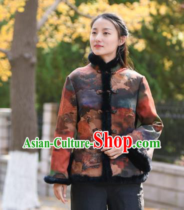 China Tang Suit Printing Overcoat Traditional Cotton Wadded Jacket National Woman Outer Garment Clothing