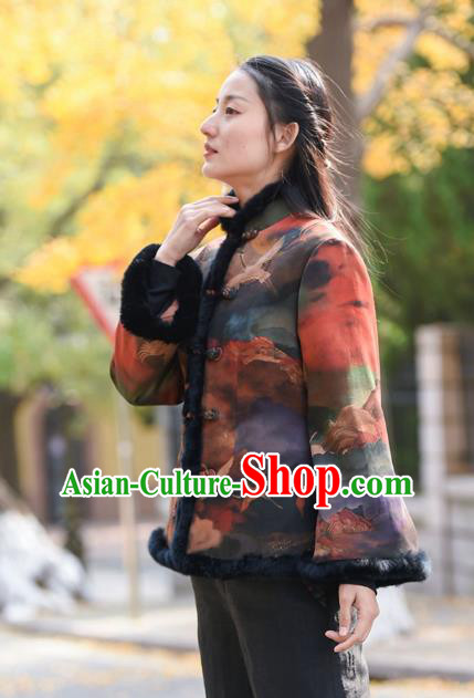 China Tang Suit Printing Overcoat Traditional Cotton Wadded Jacket National Woman Outer Garment Clothing