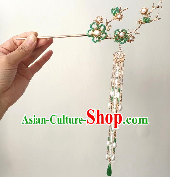 China Traditional Hanfu Hair Accessories Ancient Princess Green Beads Plum Tassel Hairpin