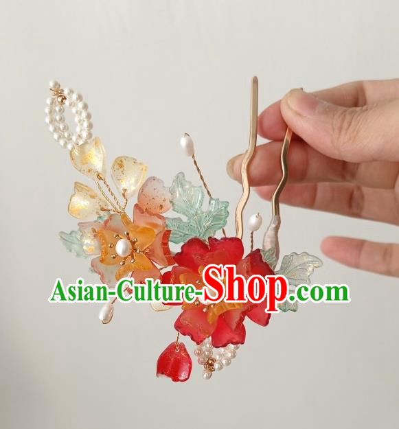 China Ancient Princess Red Flower Hairpin Traditional Song Dynasty Pearls Hair Stick