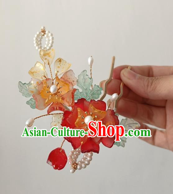 China Ancient Princess Red Flower Hairpin Traditional Song Dynasty Pearls Hair Stick