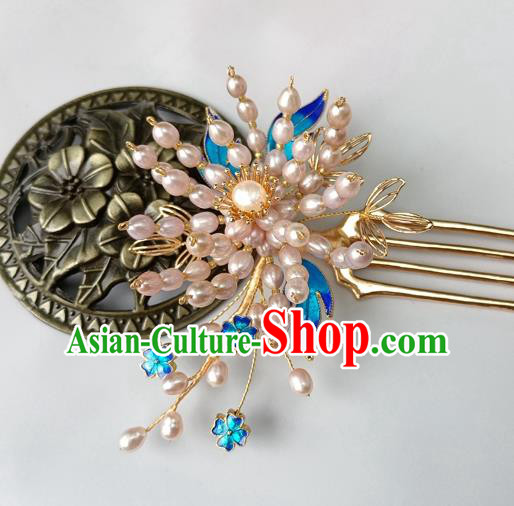 China Ancient Court Lady Pearls Hairpin Traditional Ming Dynasty Cloisonne Hair Stick