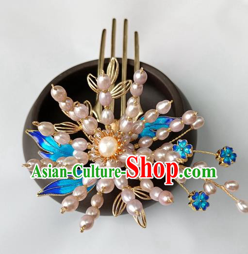 China Ancient Court Lady Pearls Hairpin Traditional Ming Dynasty Cloisonne Hair Stick