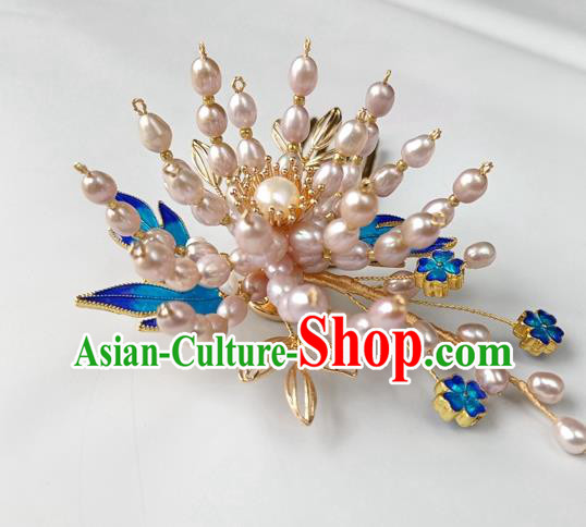 China Ancient Court Lady Pearls Hairpin Traditional Ming Dynasty Cloisonne Hair Stick