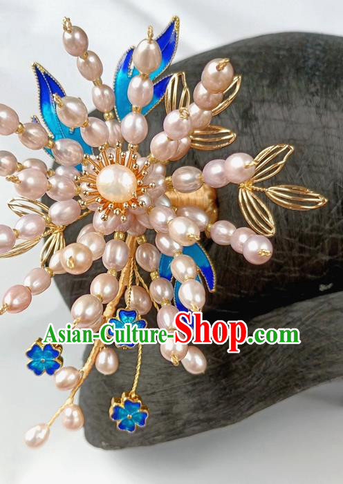 China Ancient Court Lady Pearls Hairpin Traditional Ming Dynasty Cloisonne Hair Stick