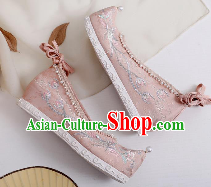 China Embroidered Phoenix Peony Shoes Handmade National Pink Cloth Shoes Traditional Pearls Hanfu Shoes