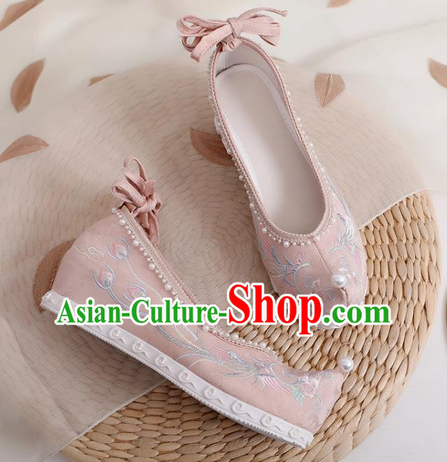 China Embroidered Phoenix Peony Shoes Handmade National Pink Cloth Shoes Traditional Pearls Hanfu Shoes