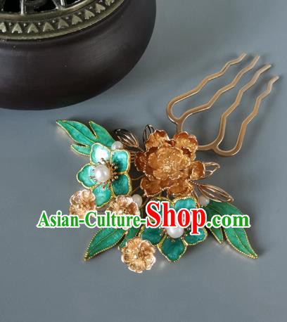 China Ancient Princess Green Plum Hairpin Traditional Ming Dynasty Golden Peony Hair Comb