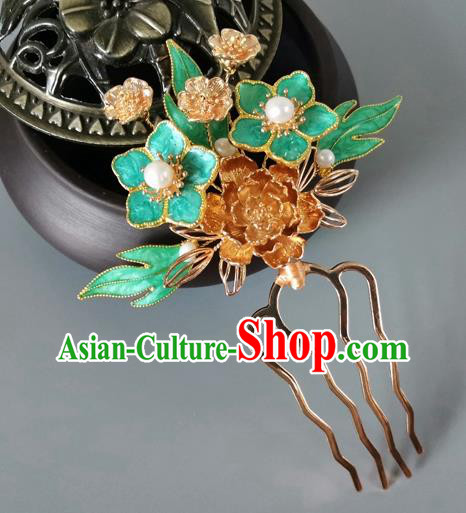 China Ancient Princess Green Plum Hairpin Traditional Ming Dynasty Golden Peony Hair Comb