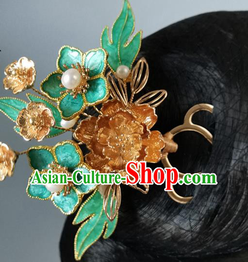 China Ancient Princess Green Plum Hairpin Traditional Ming Dynasty Golden Peony Hair Comb
