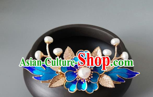 China Ancient Princess Hairpin Traditional Ming Dynasty Blue Peony Hair Crown