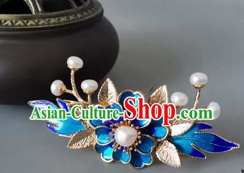 China Ancient Princess Hairpin Traditional Ming Dynasty Blue Peony Hair Crown
