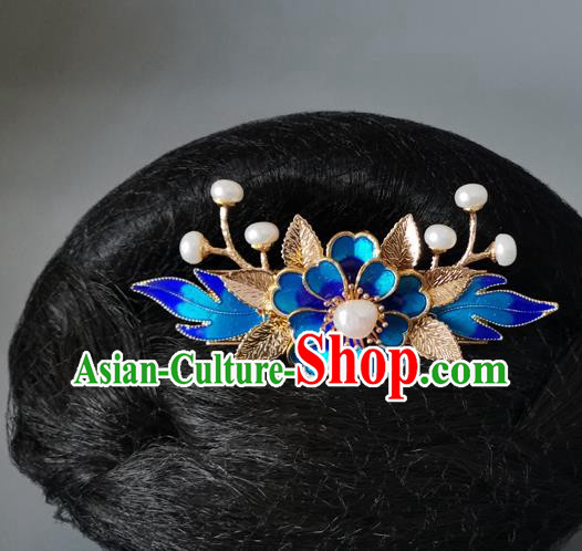 China Ancient Princess Hairpin Traditional Ming Dynasty Blue Peony Hair Crown