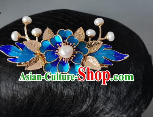 China Ancient Princess Hairpin Traditional Ming Dynasty Blue Peony Hair Crown