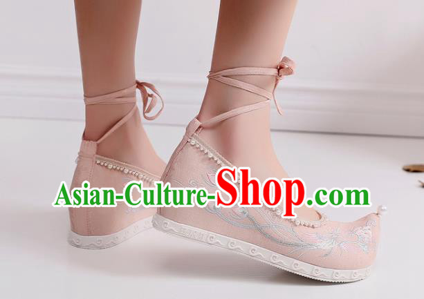 China Embroidered Phoenix Peony Shoes Handmade National Pink Cloth Shoes Traditional Pearls Hanfu Shoes