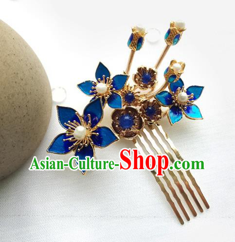 China Ancient Princess Pearls Hairpin Traditional Ming Dynasty Cloisonne Peach Blossom Hair Comb