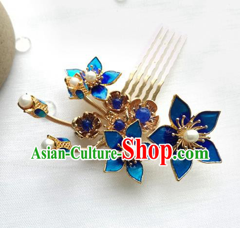 China Ancient Princess Pearls Hairpin Traditional Ming Dynasty Cloisonne Peach Blossom Hair Comb