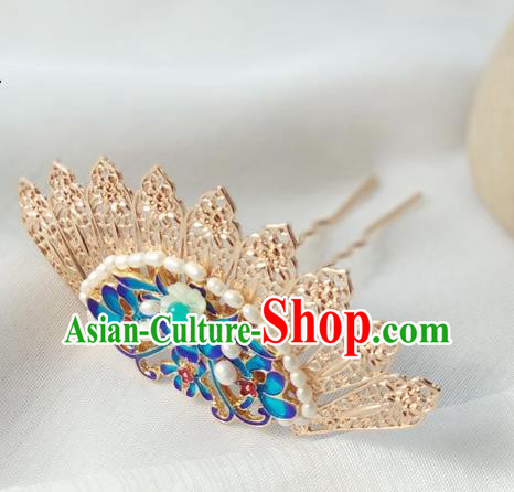 China Ancient Noble Woman Hairpin Traditional Ming Dynasty Cloisonne Pearls Hair Crown