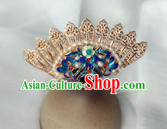 China Ancient Noble Woman Hairpin Traditional Ming Dynasty Cloisonne Pearls Hair Crown