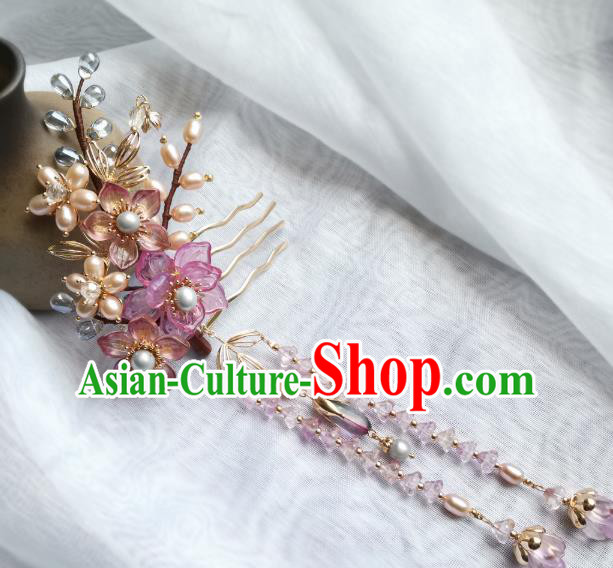 China Ancient Princess Pearls Hairpin Traditional Song Dynasty Purple Sakura Hair Comb