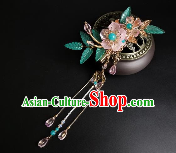 China Ancient Princess Pink Plum Hairpin Traditional Ming Dynasty Beads Tassel Hair Claw