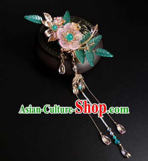 China Ancient Princess Pink Plum Hairpin Traditional Ming Dynasty Beads Tassel Hair Claw
