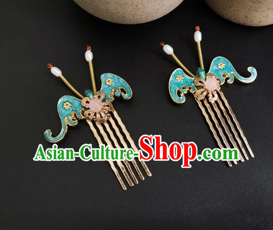 China Ancient Court Maid Hairpin Traditional Ming Dynasty Palace Blue Bat Hair Combs