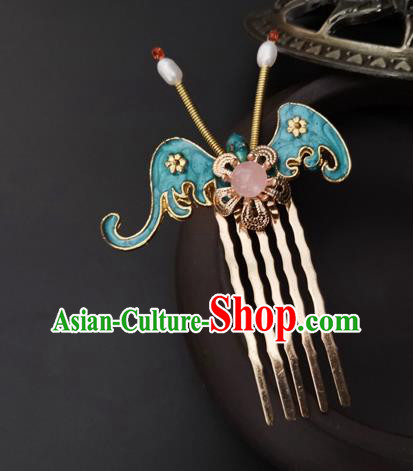 China Ancient Court Maid Hairpin Traditional Ming Dynasty Palace Blue Bat Hair Combs