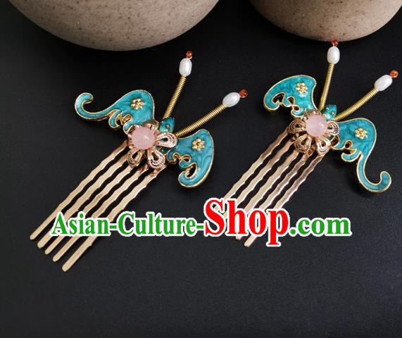 China Ancient Court Maid Hairpin Traditional Ming Dynasty Palace Blue Bat Hair Combs