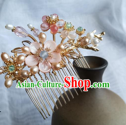 China Ancient Princess Pink Shell Plum Hairpin Traditional Song Dynasty Pearls Hair Comb