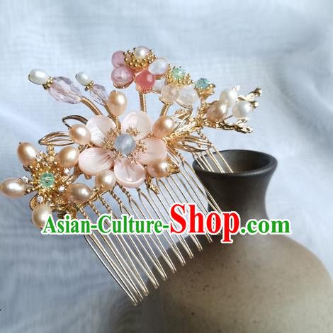 China Ancient Princess Pink Shell Plum Hairpin Traditional Song Dynasty Pearls Hair Comb
