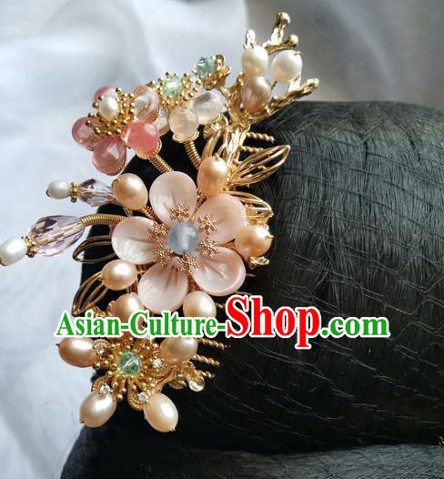China Ancient Princess Pink Shell Plum Hairpin Traditional Song Dynasty Pearls Hair Comb
