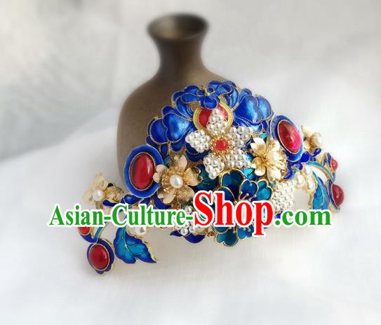 China Ancient Empress Gems Hairpin Traditional Ming Dynasty Court Cloisonne Peony Hair Crown