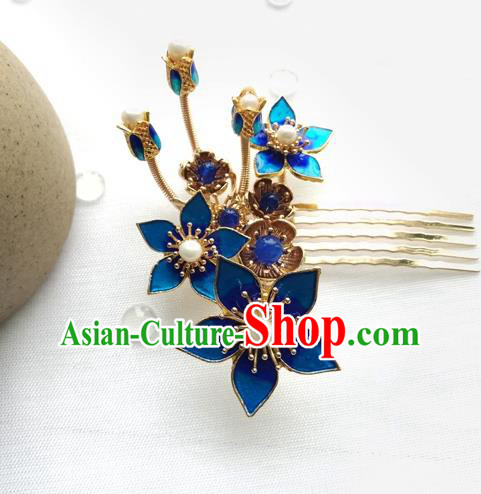 China Ancient Princess Pearls Hairpin Traditional Ming Dynasty Cloisonne Peach Blossom Hair Comb
