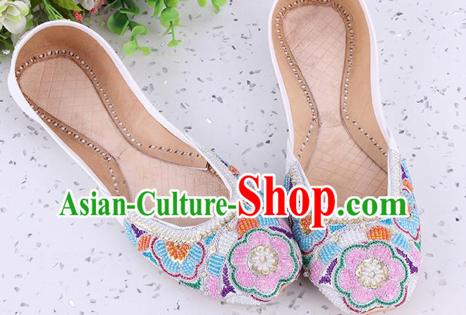 Indian Folk Dance Shoes Handmade Embroidery Beads Flowers Shoes Asian Traditional Wedding White Leather Shoes