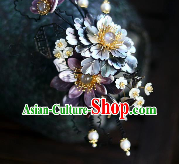 Chinese Ancient Princess Shell Peony Hairpin Traditional Ming Dynasty Court Butterfly Flowers Hair Stick