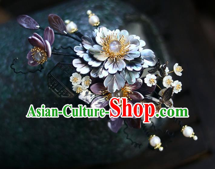 Chinese Ancient Princess Shell Peony Hairpin Traditional Ming Dynasty Court Butterfly Flowers Hair Stick