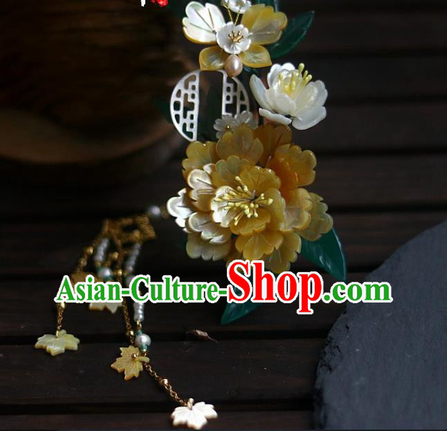 Chinese Ancient Palace Lady Hairpin Traditional Ming Dynasty Court Yellow Shell Peony Hair Stick