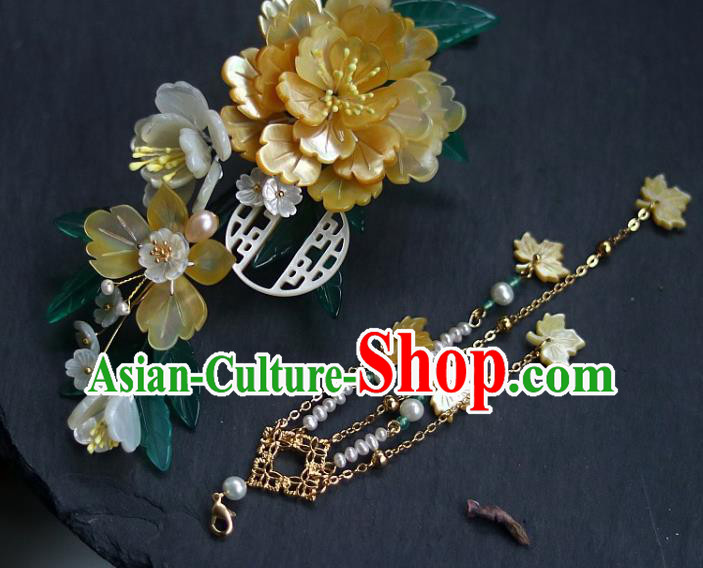 Chinese Ancient Palace Lady Hairpin Traditional Ming Dynasty Court Yellow Shell Peony Hair Stick