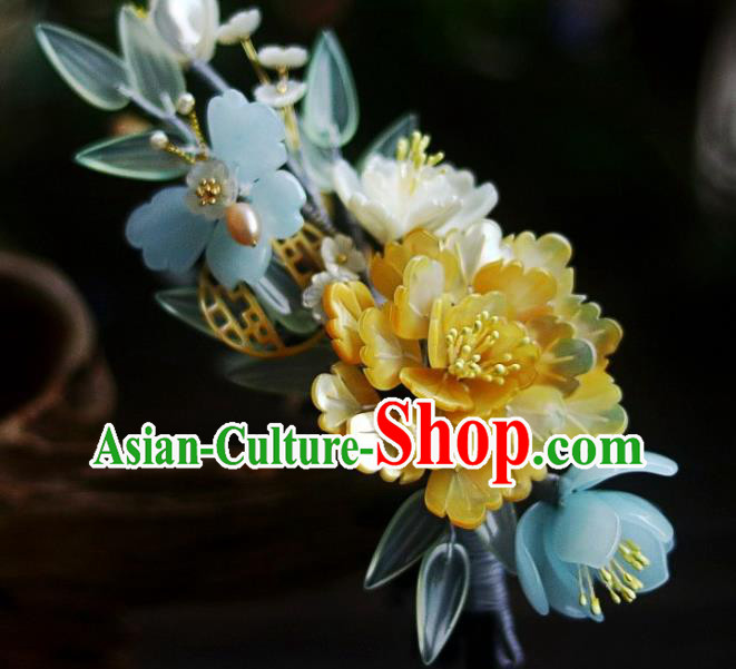 Chinese Ancient Palace Lady Hairpin Traditional Ming Dynasty Court Yellow Shell Peony Hair Stick