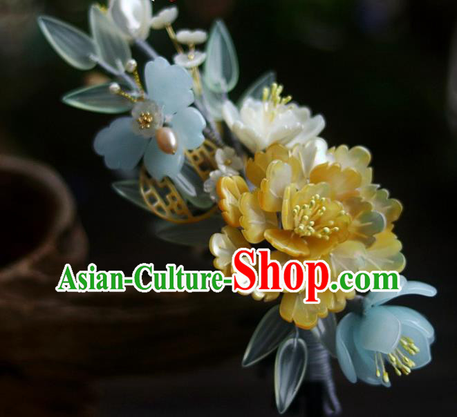 Chinese Ancient Palace Lady Hairpin Traditional Ming Dynasty Court Yellow Shell Peony Hair Stick