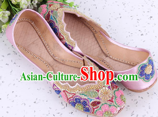 Indian Folk Dance Shoes Asian Handmade Embroidery Beads Pink Shoes Traditional Court Leather Shoes