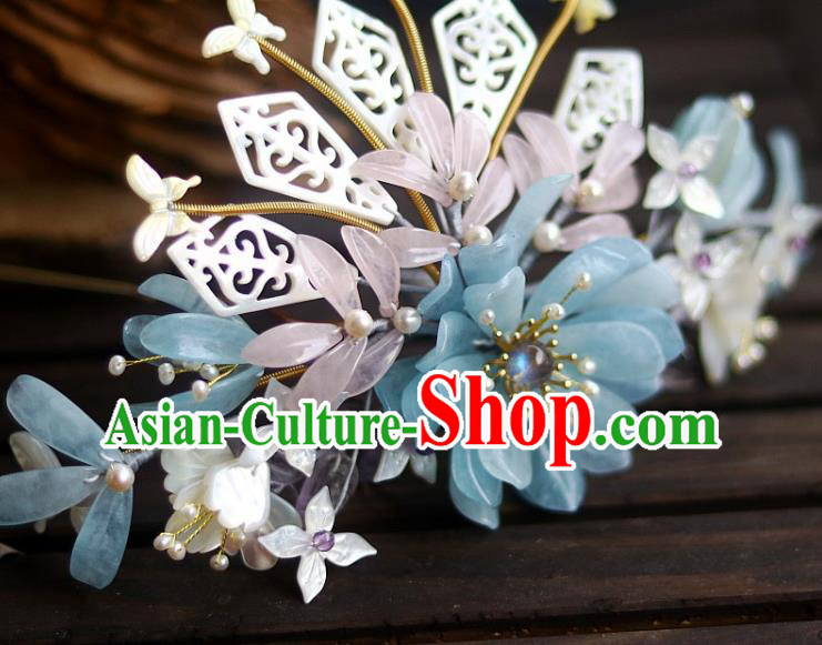 Chinese Ancient Empress Shell Hairpin Traditional Song Dynasty Court Aquamarine Chrysanthemum Hair Crown