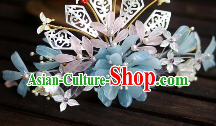 Chinese Ancient Empress Shell Hairpin Traditional Song Dynasty Court Aquamarine Chrysanthemum Hair Crown
